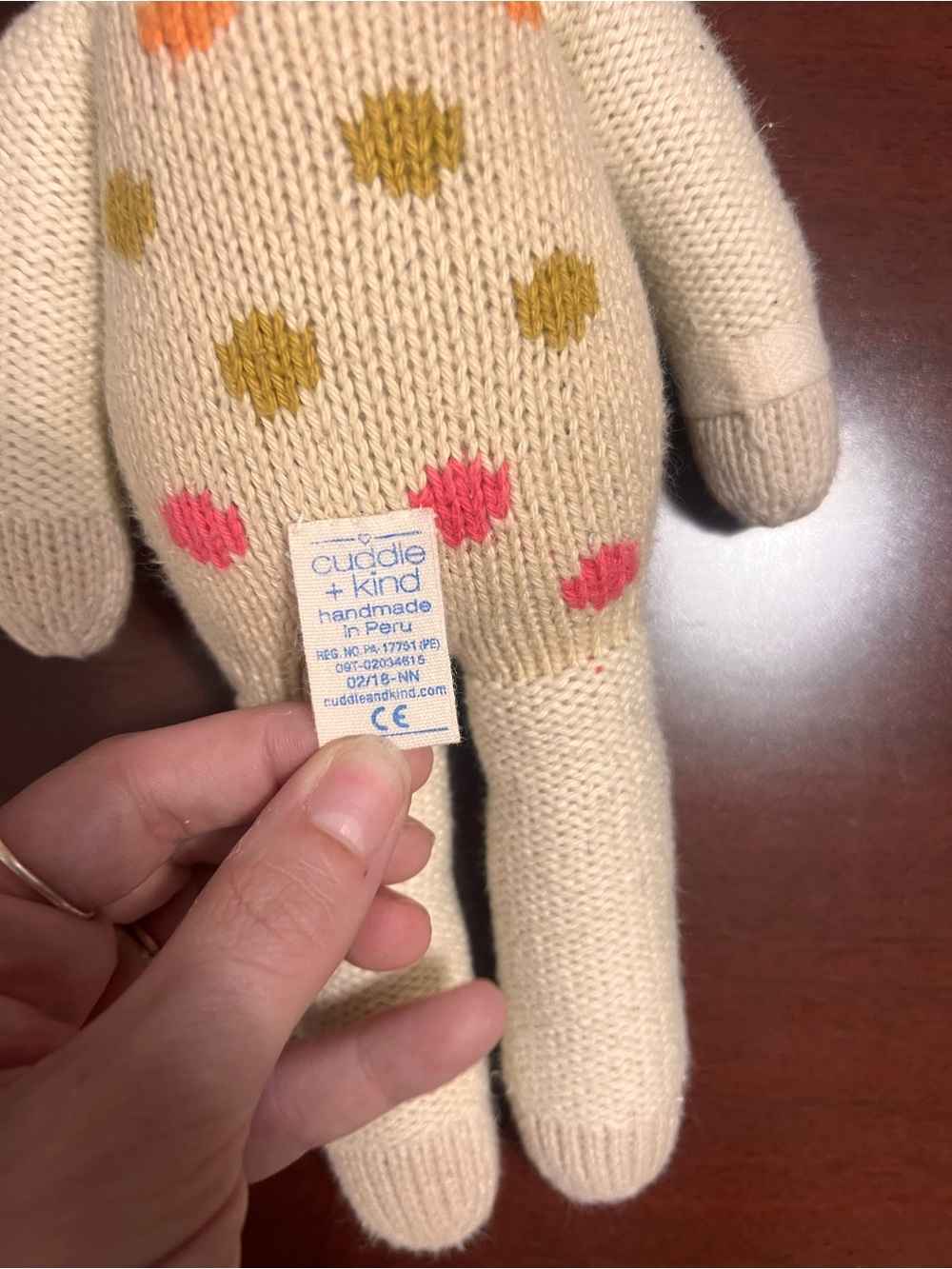 Cream Knit Polka Dot Lamb Plush Toy with Pink Bow Accent - Picture 3 of 4